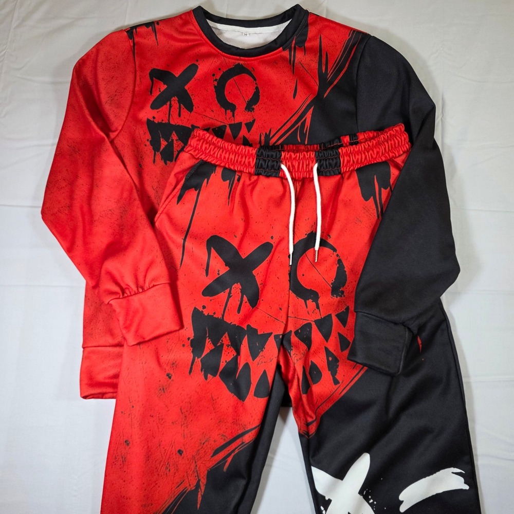Mens Red Black Graffiti Face Tracksuit Set Sweatshirt Joggers Size M Streetwear